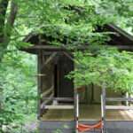 A open log cabin behind some leafy trees.