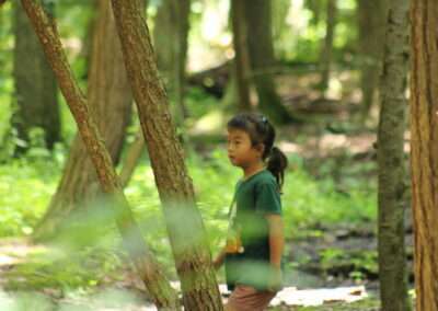 A young girl walking through the forest with trees in the foreground.