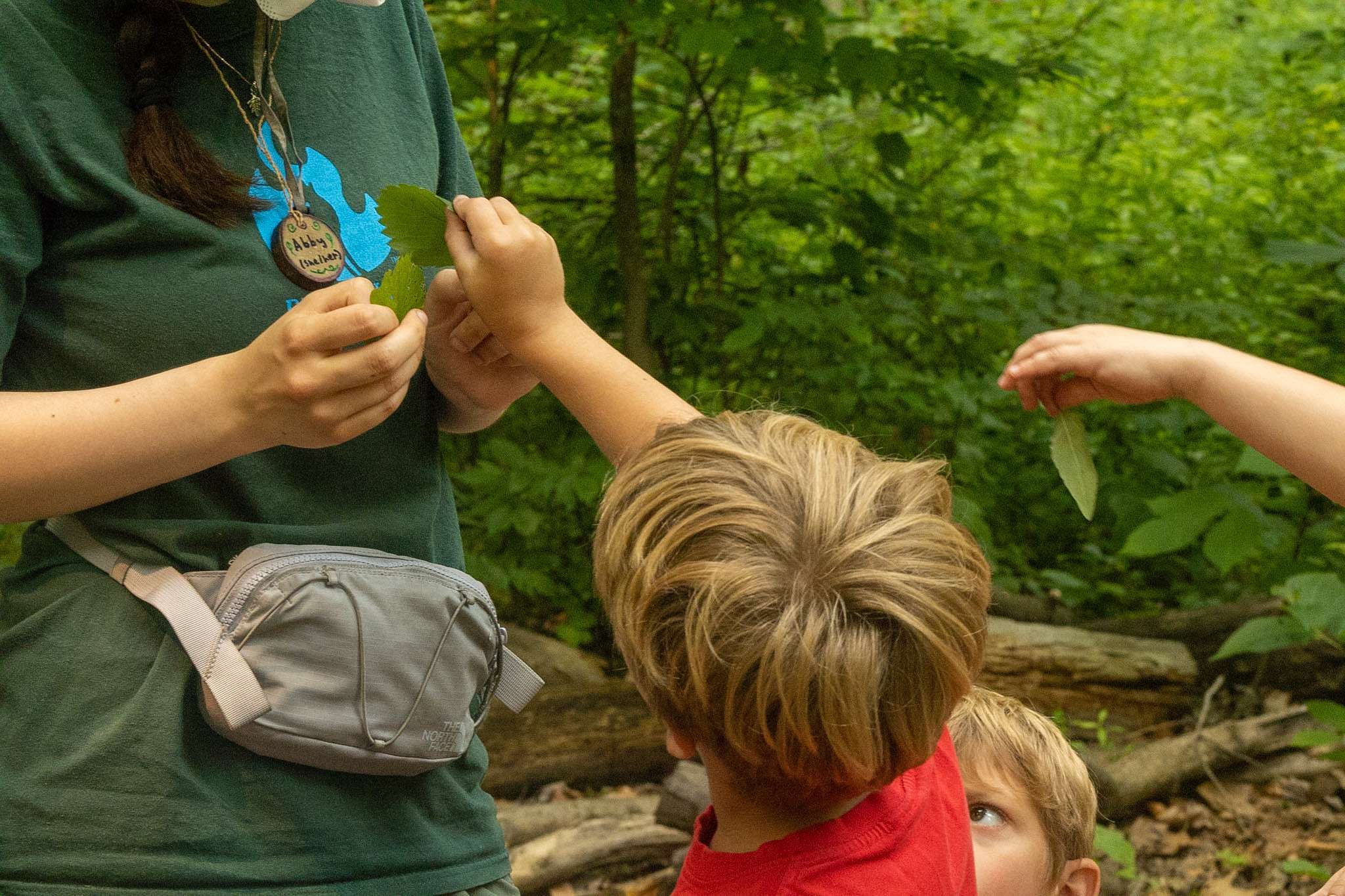 Younger camper holding up a leaf to an instructor to identify.