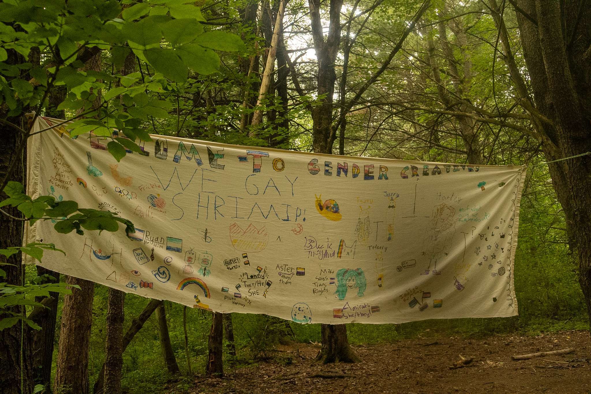 A banner made by campers, hung up between two trees.