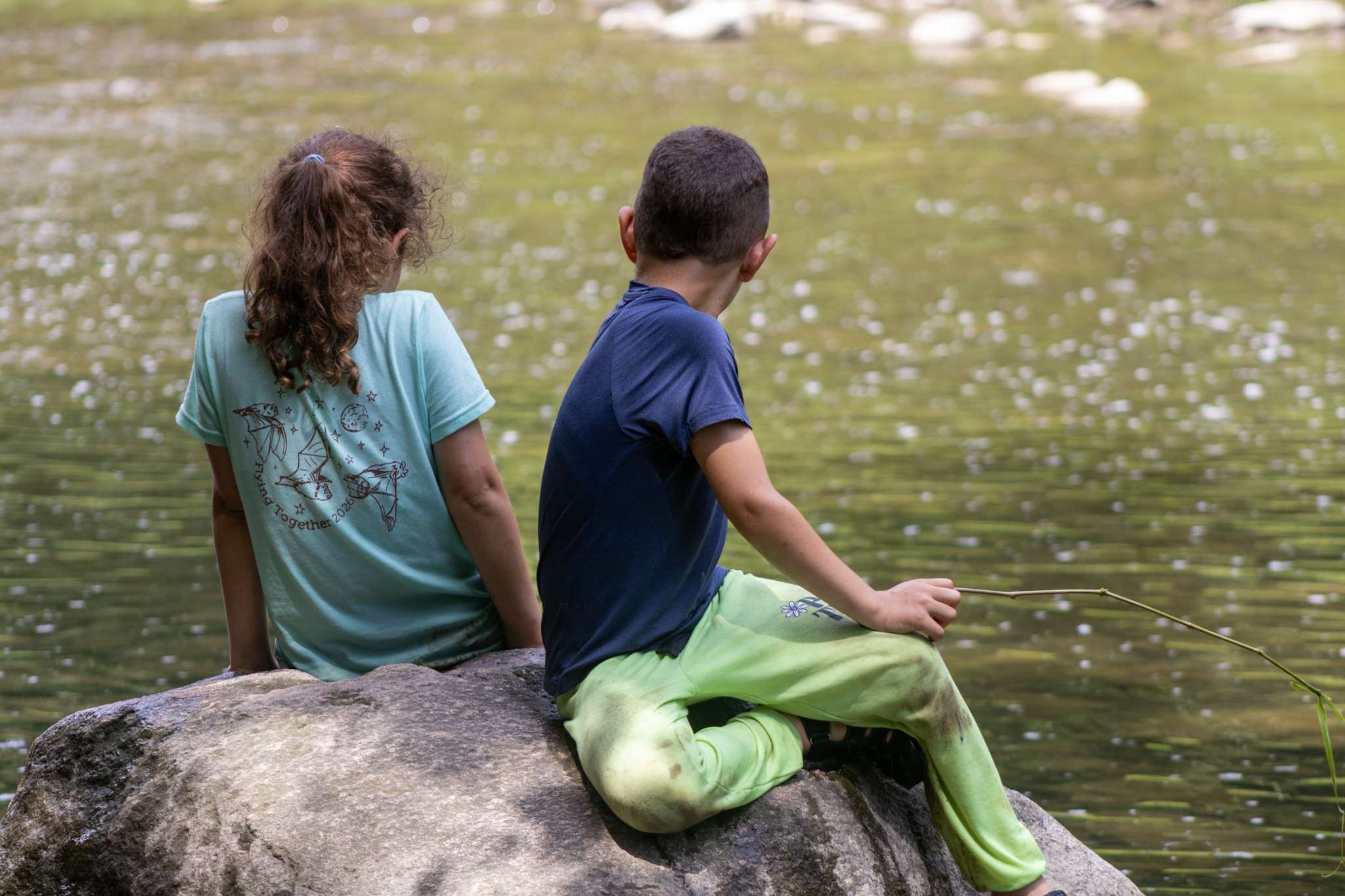Two children sitting on a rock while looking at a creek.